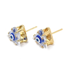 Bleu Boucles d'oreilles triangle en verre avec mauvais œil en émail, bijoux en laiton plaqué or véritable 18k pour femmes, bleu, 10.5x10.5mm, pin: 0.7 mm