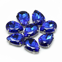 Azul Royal Cose en el rhinestone, Enlaces multifilares, diamantes de imitación de cristal, con 201 ajustes de dientes de acero inoxidable, accesorios de prendas de vestir, facetados, lágrima, azul real, 14x10x6 mm, agujero: 0.8~1 mm