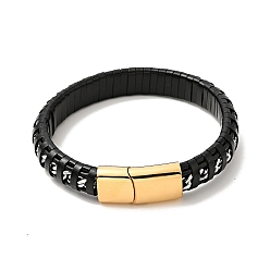 Golden Black Leather & 304 Stainless Steel Rope Braided Cord Bracelet Magnetic Clasp for Men Women, Golden, 8-5/8 inch(21.8cm)