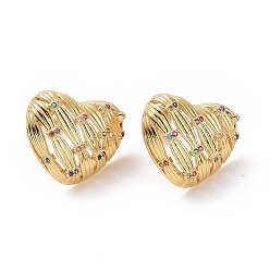 Coloré Boucles d'oreilles clous coeur zircone cubique, bijoux en laiton plaqué or véritable 18k pour femmes, colorées, 16x19mm, pin: 0.7 mm