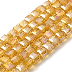 Verge D'or Perles en verre electroplate, de couleur plaquée ab , facette, cube, verge d'or, 4x4x4mm, Trou: 1mm