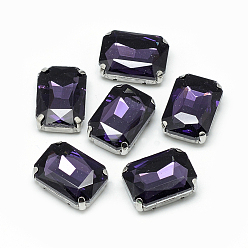Púrpura Cose en el rhinestone, Enlaces multifilares, diamantes de imitación de cristal, con ajustes de puntas de latón, accesorios de prendas de vestir, facetados, octágono, Platino, púrpura, 18x13x7 mm, agujero: 0.8~1 mm