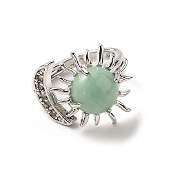 Green Aventurine Natural Green Aventurine Sun & Moon Open Cuff Rings, Platinum Brass Jewelry for Women, Lead Free & Cadmium Free, Inner Diameter: 17~18mm