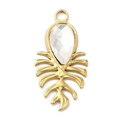 Clear Real 18K Gold Plated 304 Stainless Steel Pendants, with Glass, Leaf Charms, Clear, 30x15x4~5.5mm, Hole: 2.5mm