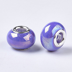 Lilac Opaque Resin European Beads, Large Hole Beads, Imitation Porcelain, with Platinum Tone Brass Double Cores, AB Color, Rondelle, Lilac, 14x9mm, Hole: 5mm