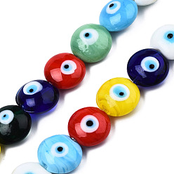 Colorful Handmade Evil Eye Lampwork Beads Strands, Flat Round, Colorful, 14~16x16~17x8.5~9mm, Hole: 1mm, about 25pcs/strand, 14.96 inch(38cm)