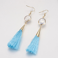 Sky Blue Tassel Dangle Earrings, with Brass Findings and Pearl, Golden, Sky Blue, 95~99mm, Pin: 0.8mm, Pendant: 54~56x7mm