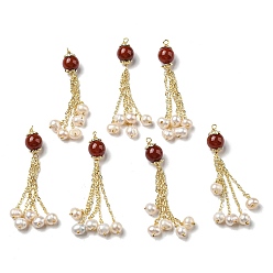 Real 14K Gold Plated Natural Red Agate Round Big Pendants, Natural Freshwater Pearl Tassel Charms with Brass Chains, Real 14K Gold Plated, 52mm, Hole: 1.6mm