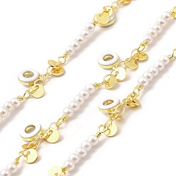 Real 18K Gold Plated Handmade Glass Pearl Beaded Chains, with Brass Enamel Donut Charms, Soldered, with Spool, Cadmium Free & Lead Free, Real 18K Gold Plated, Bead Link: 22x3x3mm, Donut: 9x6.5x2mm, Flat Round: 4x0.5mm