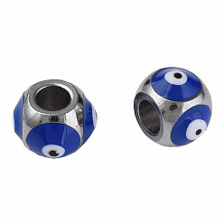 Dark Blue 201 Stainless Steel Enamel Beads, Round with Evil Eye, Golden, Stainless Steel Color, Dark Blue, 8.5x8.5x6mm, Hole: 3mm