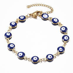 Blue 304 Stainless Steel Link Bracelets, Evil Eye, Real 18k Gold Plated, Blue, 7-5/8 inch(19.5cm)