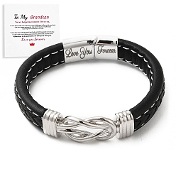 Black Word Love You Forever Stainless Steel Interlocking Knot Link Bracelet, Braided Leather Wristband Gifts for Grandson, Black, 8-7/8 inch(22.5cm)