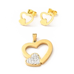 Golden Double Heart Stud Earrings with 316 Stainless Steel Pins and Crystal Rhinestone Pendant, Vacuum Plating 201 Stainless Steel Jewelry Set, Golden, 9x10mm, Pin: 0.7mm, 20.5x20x2.5mm, Hole: 5x3mm