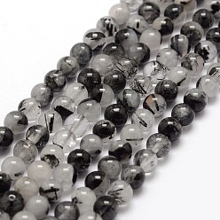 Cuarzo Rutilado Negras hebras de perlas de cuarzo rutilado naturales, rondo, 6~6.5 mm, agujero: 1 mm, sobre 65 unidades / cadena, 15.7 pulgada