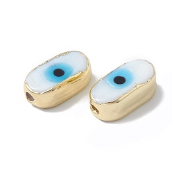 White Brass Beads, with Enamel, Real 18K Gold Plated, Oval with Evil Eye, White, 14x8x6mm, Hole: 1.4mm