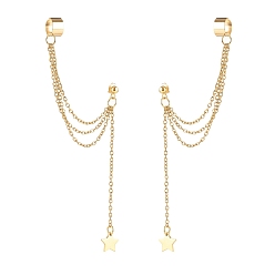 Golden 304 Stainless Steel Safety Chains Dangle Stud Earrings with Ear Cuff, Star Tassel Long Drop Earrings for Women, Golden, 88mm, Pin: 0.7mm