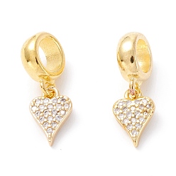 Clear Brass Cubic Zirconia European Dangle Charms, Largr Hole Pendants, Long-Lasting Plated, Real 18K Gold Plated, Peach Hearts, Clear, 18mm, Hole: 5mm, Pendant: 9x6.5x2mm