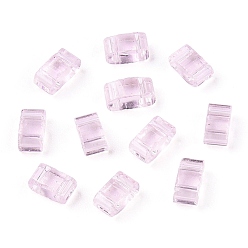 Perlas de Color Rosa 2 agujero granos de la semilla de cristal, colores transparentes, Rectángulo, rosa perla, 4.5~5.5x2x2~2.5 mm, agujero: 0.5~0.8 mm