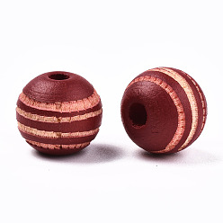 Brique Rouge Perles de bois naturel peintes, motif gravé au laser, rond avec zèbre, firebrick, 10x8.5mm, Trou: 2.5mm