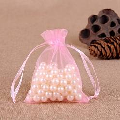 Pearl Pink Organza Jewellery Storage Pouches, Wedding Favour Party Mesh Drawstring Gift Bags, Rectangle, Pearl Pink, 9x7cm