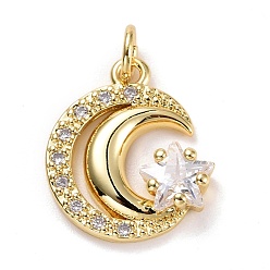 Real 18K Gold Plated Brass Micro Pave Clear Cubic Zirconia Pendants, Long-Lasting Plated, Lead Free & Cadmium Free, Moon & Star, Real 18K Gold Plated, 16x14x3.5mm, Hole: 3mm
