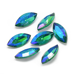 Sea Green Pointed Back Glass Rhinestone Cabochons, Back Plated, Faceted, AB Color Plated, Horse Eye, Sea Green, 15x7x4mm