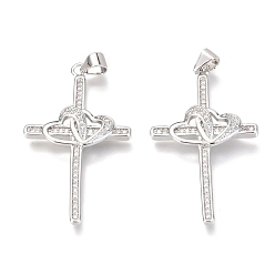 Real Platinum Plated Brass Micro Pave Clear Cubic Zirconia Pendants, Cross with Heart, Real Platinum Plated, 37x22x3mm, Hole: 3mm
