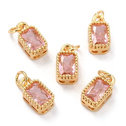 Pink Real 18K Gold Plated Brass Inlaid Cubic Zirconia Charms, with Jump Ring, Long-Lasting Plated, Rectangle, Pink, 9.5x5x3.5mm, Jump Ring: 4x0.5mm, 2.5mm Inner Diameter