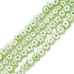 Light Green Handmade Millefiori Glass Bead Strands, Flower, Light Green, 4~7.2x2.6mm, Hole: 1mm, about 60~69pcs/Strand, 16 inch(40cm)