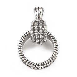 Plata Antigua 304 colgantes de acero inoxidable, mano de esqueleto con colgante de anillo, plata antigua, 49 mm, agujero: 4.4x8 mm