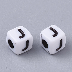 Letter J White Opaque Acrylic Beads, Horizontal Hole, Cube with Black Alphabet, Letter.J, 4~5x4~5x4~5mm, Hole: 1.8mm, about 6470~6500pcs/500g