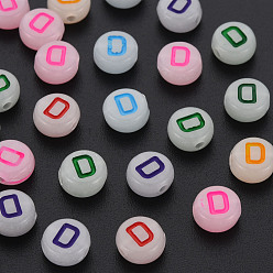 Letter D Acrylic Beads, Glow in the Dark, with Enamel and Luminous, Horizontal Hole, Flat Round with Alphabet, Letter.D, 6.5x7x4mm, Hole: 1.6mm, about 3600pcs/500g
