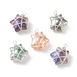 Plata Amuletos de vidrio electrochapado envueltos en alambre, estrella, plata, 15~16x13x7~7.5 mm, agujero: 1.5~2 mm