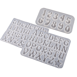 Blanco Moldes de cabujón de silicona diy, moldes de resina, para resina uv, fabricación artesanal de resina epoxi, alfabeto/número, blanco, 53~98x88~126x5 mm, 3 PC / sistema