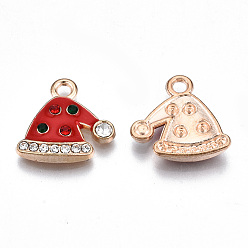 Red Alloy Enamel Pendants, with Colorful Rhinestone, Cadmium Free & Lead Free, Christmas Hat, Light Gold, Red, 15.5x16x2.5mm, Hole: 2mm