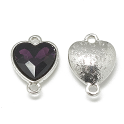 Purple Alloy Glass Links connectors, Faceted, Heart, Platinum, Purple, 19.5x14x6.5mm, Hole: 1.5mm
