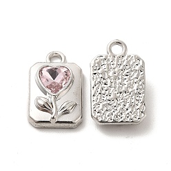 Pink Glass Rectangle with Heart Pendants, with Platinum Alloy Finding, Long-Lasting Plated, Cadmium Free & Lead Free, Pink, 17x10.5x5mm, Hole: 2mm