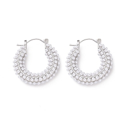 Platino Pendientes de aro con cuentas de perlas de imitación de plástico ABS, joyas de latón para mujer, Platino, 26.5x5.5x25 mm, pin: 0.8 mm