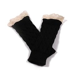 Noir Gants sans doigts à tricoter en fil de fibre acrylique, gants chauds d'hiver à bord en dentelle avec trou pour le pouce pour femmes, noir, 190x75mm