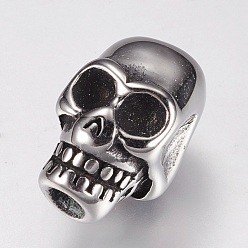 Antique Silver 304 Stainless Steel European Beads, Large Hole Beads, Skull, Antique Silver, 16.5x9.5x12mm, Hole: 4mm