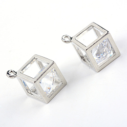 Silver Brass Glass Charms, Cube, Silver Color Plated, 9.5x9.5x8mm, Hole: 1mm