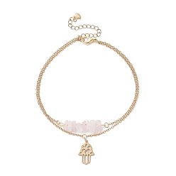 Oro Pulsera de múltiples hilos de doble capa con abalorios de mano de hamsa y cuentas de chips de cuarzo rosa natural, joyas de acero inoxidable para mujer, dorado, 9-3/8 pulgada (23.7 cm)