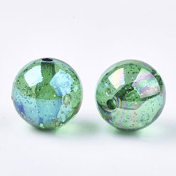 Vert Perles acryliques transparentes, avec de la poudre de paillettes, perles de paillettes, ronde, verte, 19~19.5x19mm, trou: 2.5 mm, environ 110 pcs / 500 g