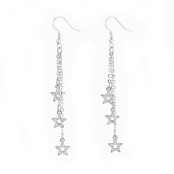 Platinum Brass Tassel Dangle Earrings, with 201 Stainless Steel Charms, Star, Platinum, 77.5mm, Pin: 0.6mm