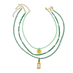 Green 3Pcs 3 Style Alloy Enamel Pendant Necklaces Set with Glass Seed Beaded Chains, Clover & Bottle, Green, 16.22~20.83  inch(41.2~52.9cm), 1Pc/style