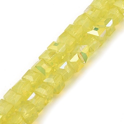 Желтый Выпечки нарисованных стеклянных бусин прядей, имитация Opalite, граненые, с покрытием AB цвета, кубические, желтые, 6.5x6.5x6 мм, отверстие : 1.2 мм, около 95 шт / нитка, 22.83~23.03'' (58~58.5 см)