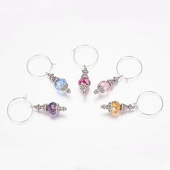 Mixed Color Wine Glass Charms, with Alloy and Glass Findings, Brass Hoops, Silver Color Plated & Antique Silver, Mixed Color, 58mm