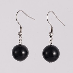 Black Agate Round 304 Stainless Steel Natural Black Agate Dangle Earrings, 35mm, Pin: 0.8mm