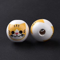 Or Perles européennes en bois imprimées, Perles avec un grand trou   , rond avec motif chat, or, 15.5~16x14.5~15mm, Trou: 4.6mm