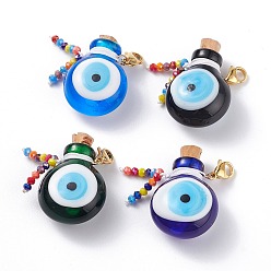 Mixed Color Handmade Evil Eye Lampwork Perfume Bottle Pendant Decorations, with Glass Beads, 304 Stainless Steel Lobster Claw Clasps, Mixed Color, 3.2x2.25cm, Capacity: 0.5~1ml(0.02~0.03fl. oz)